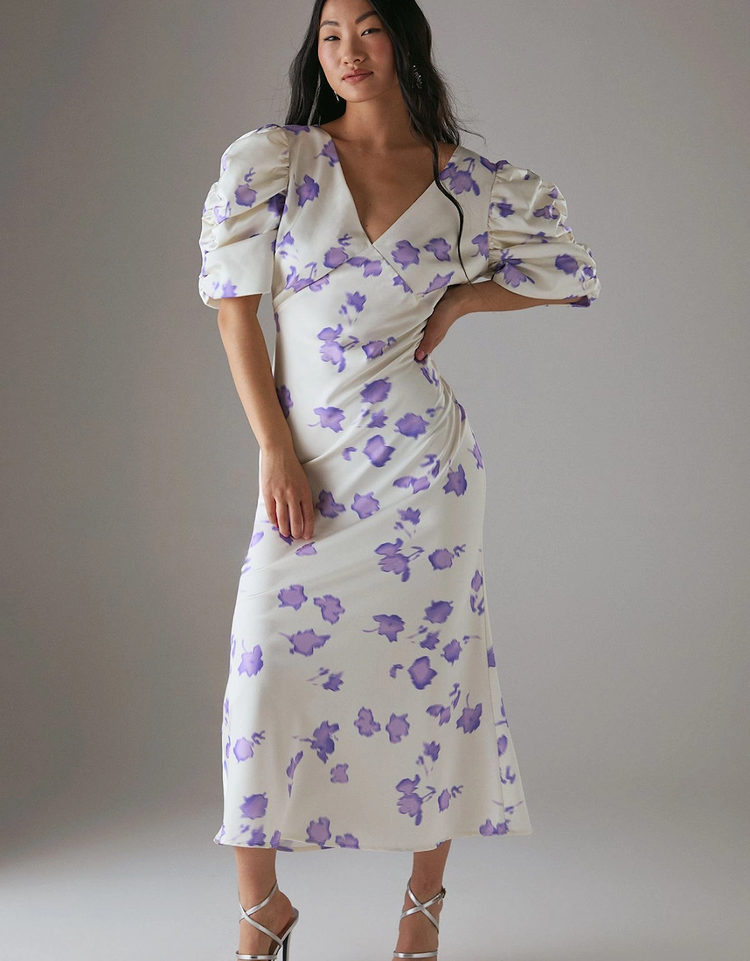 Petite Satin Pleat Volume Sleeve Plunge Bias Midi Dress, 2 of 1