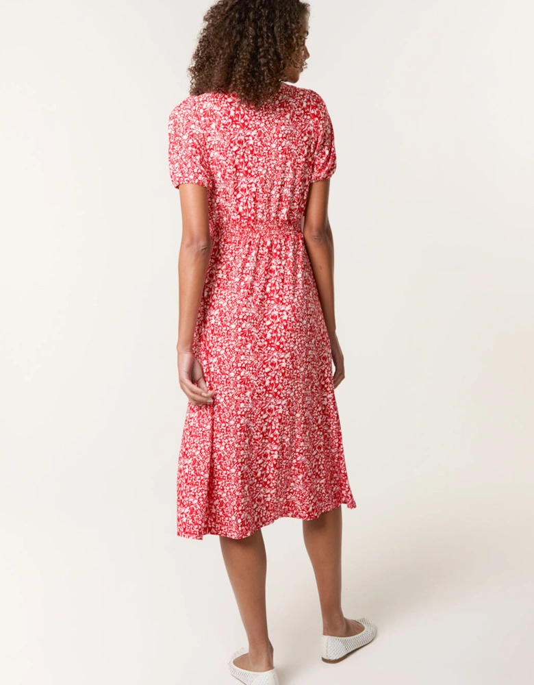 Red Short Sleeve Button Front Split Front Midi Dress