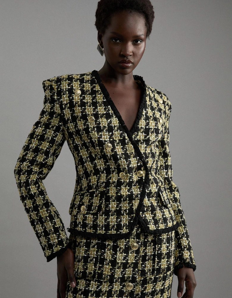 Wool Blend Check Tailored Asymmetric Jacket