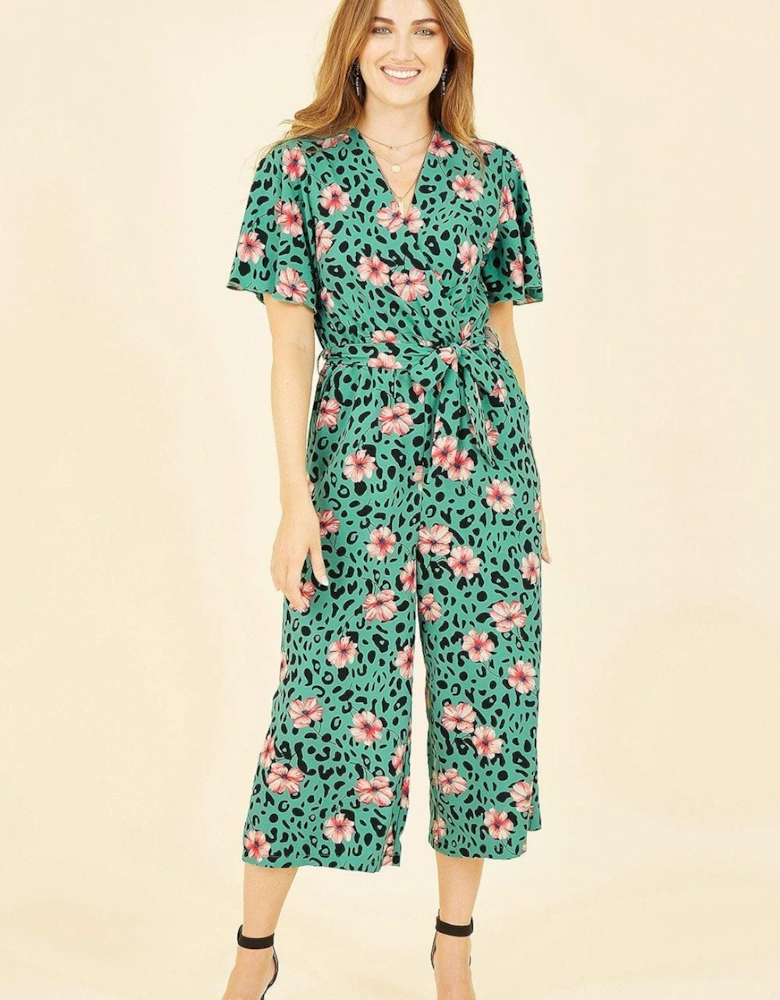 Green Animal Print Jumpsuit With Angel Sleeves
