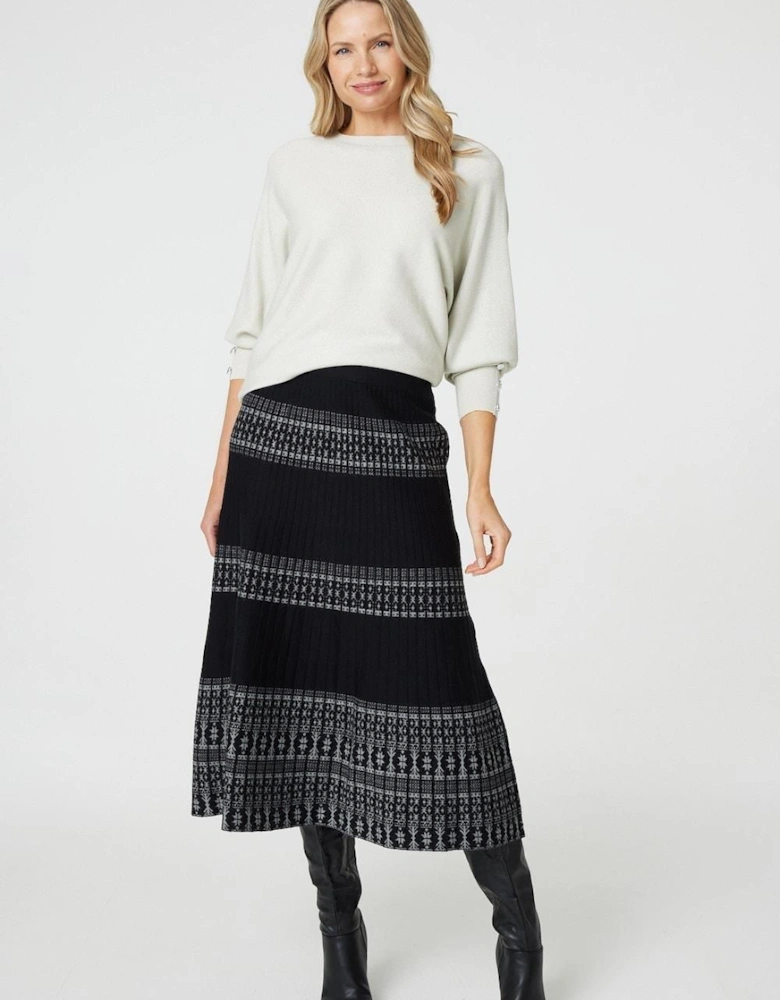 Border Print Knit High Waist Midi Skirt