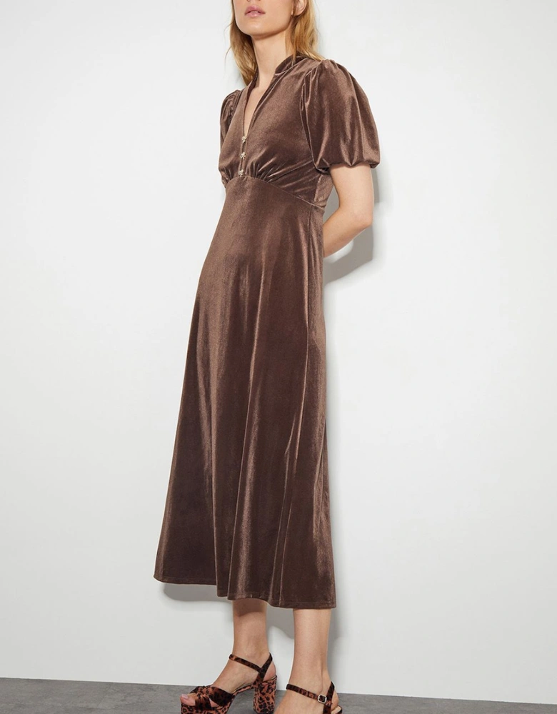 Veronique Velvet Bow Midi Dress Brown