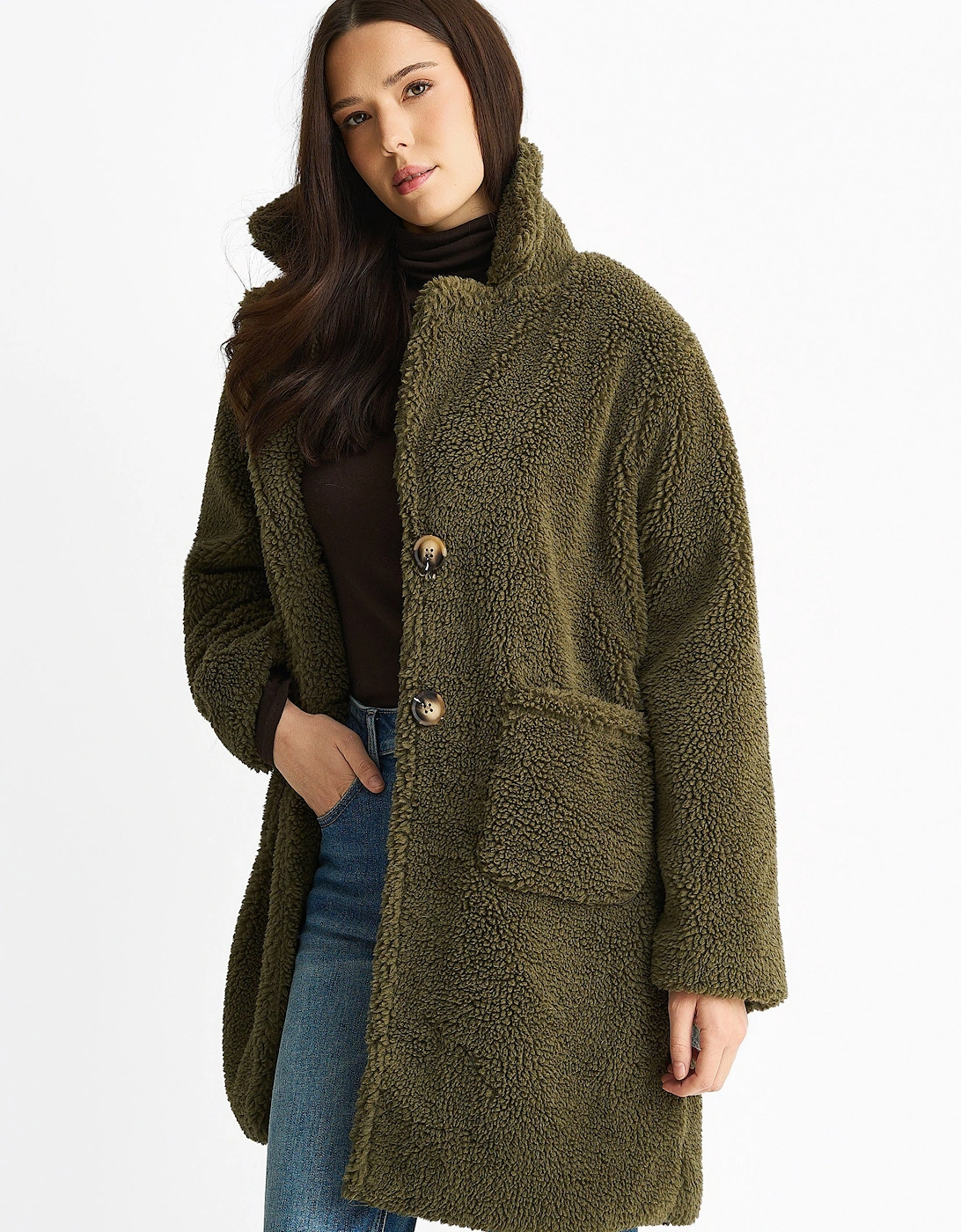 Khaki Faux Fur Longline Teddy Overcoat