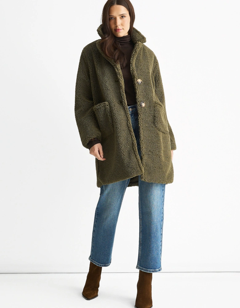 Khaki Faux Fur Longline Teddy Overcoat