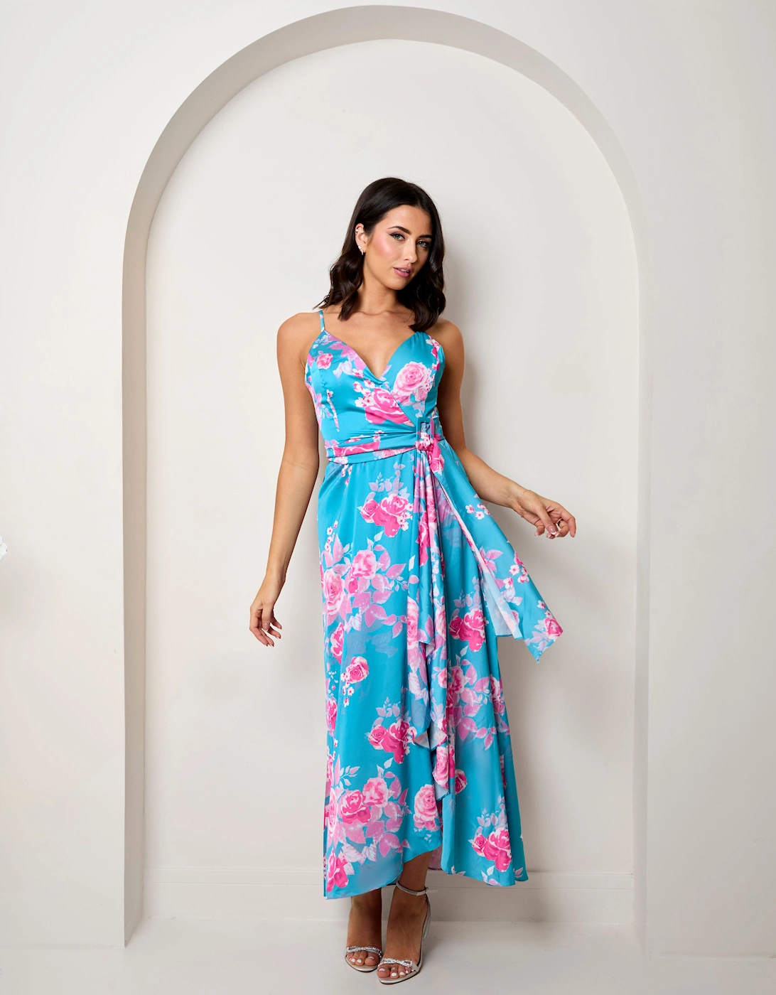 Cami Floral Wrap Midi Dip Hem Dress in Green, 2 of 1