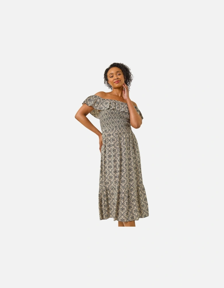 Petite Geo Print Bardot Midi Dress