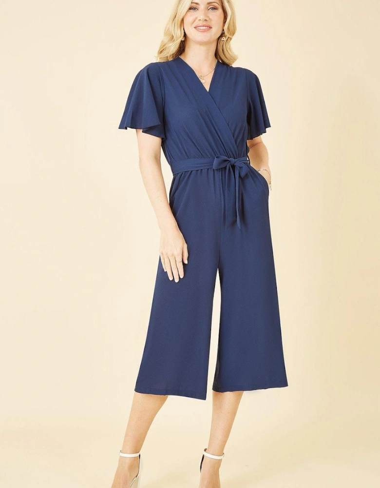 Navy Wrap Over Jumpsuit With Angel Sleeves