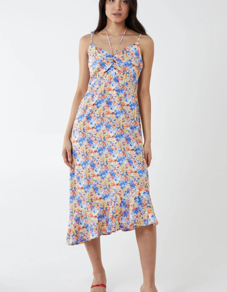 Twist Front Floral Print Midi Dress