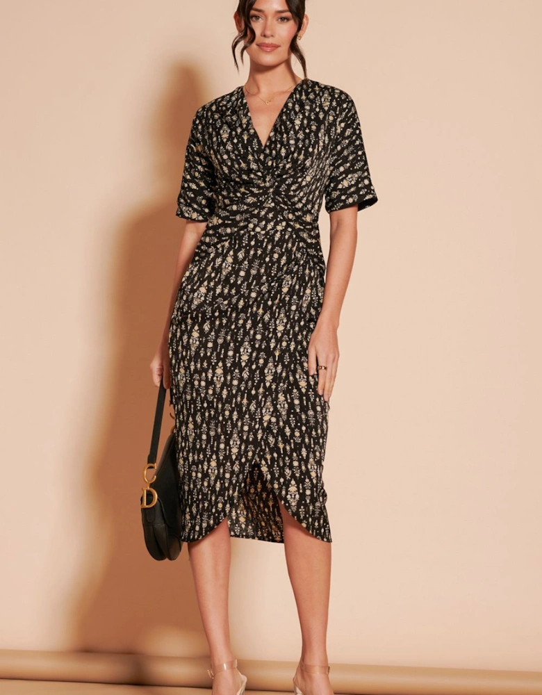 Print Twist Front Tulip Midi Dress