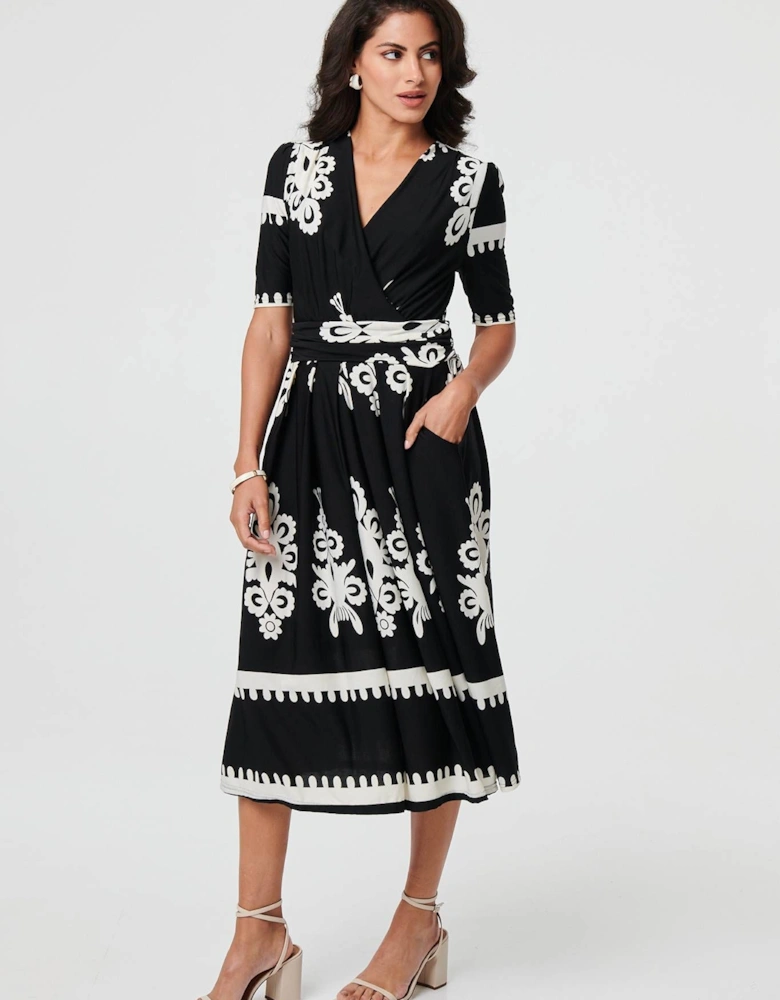 Ikat Print 1/2 Sleeve Wrap Midi Dress