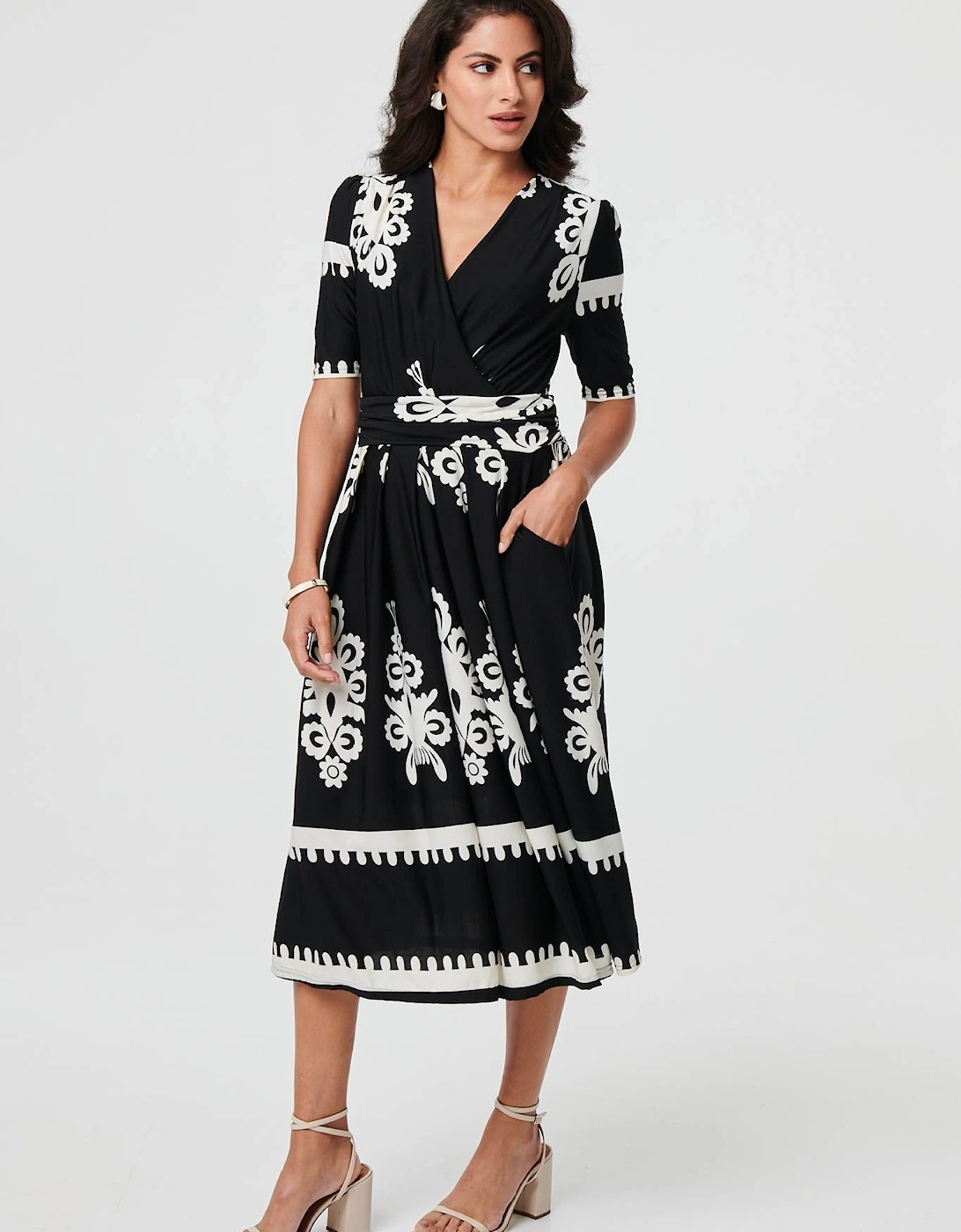 Ikat Print 1/2 Sleeve Wrap Midi Dress, 2 of 1