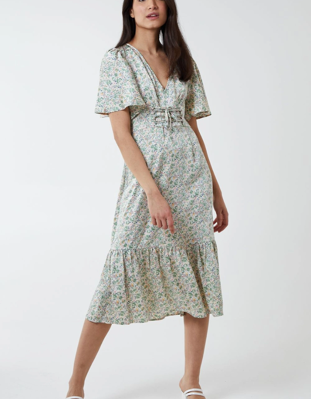 Flutter Sleeve Lattice Front Midi Dress, 2 of 1
