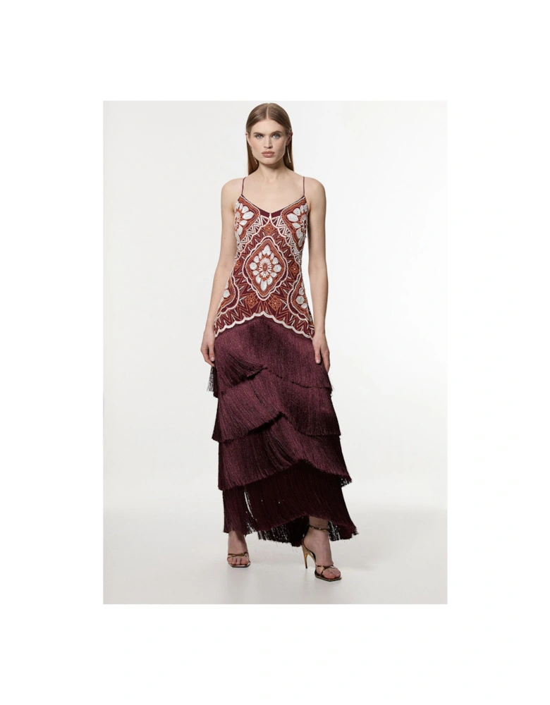 Petite Embellished Fringe Strappy Woven Maxi Dress