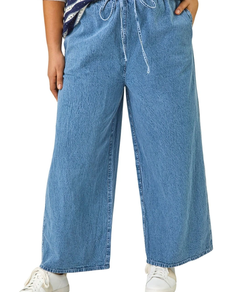 Curve Tie Waist Denim Wide Leg Trouser