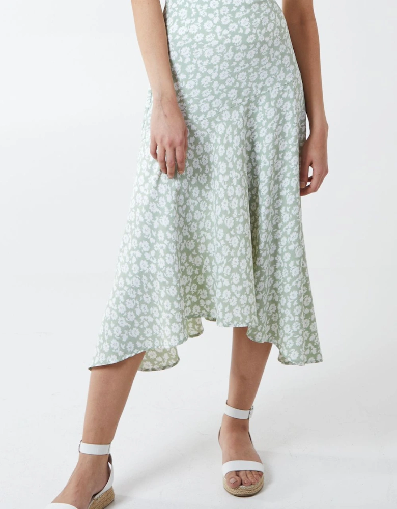 Floral Print Asymmetric Midi Skirt