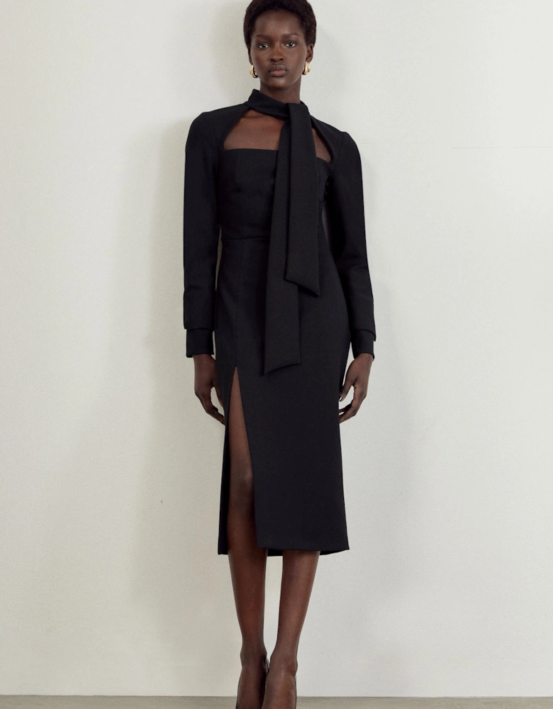 Compact Stretch Tailored Tie Neck Pencil Midi Dress