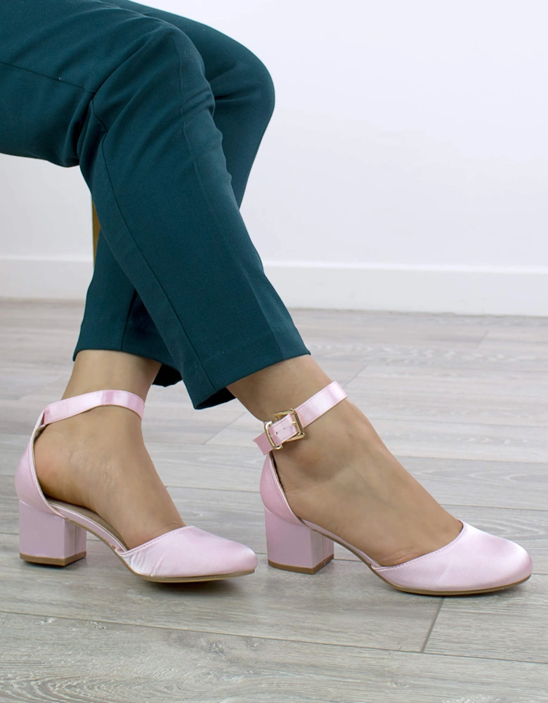 Mid Block Heel Buckle Ankle Strap Satin Heeled Sandals