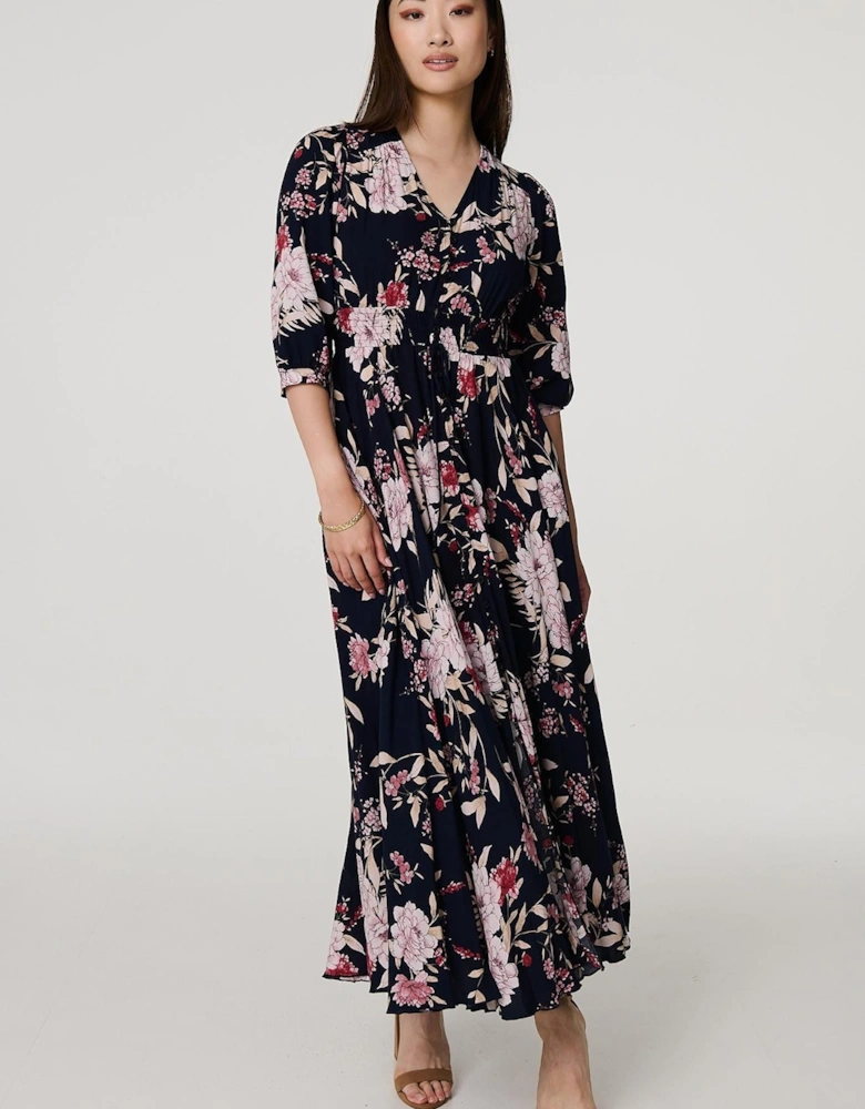 Floral 3/4 Sleeve A-Line Maxi Dress