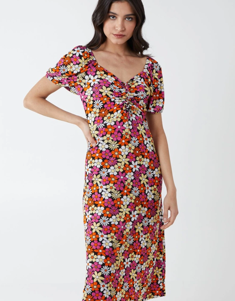 V Neck Ruched Milkmaid Midi Dress