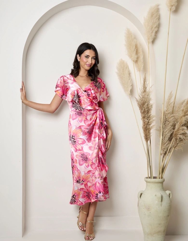 Flutter Sleeve Satin Wrap Dress in Pink