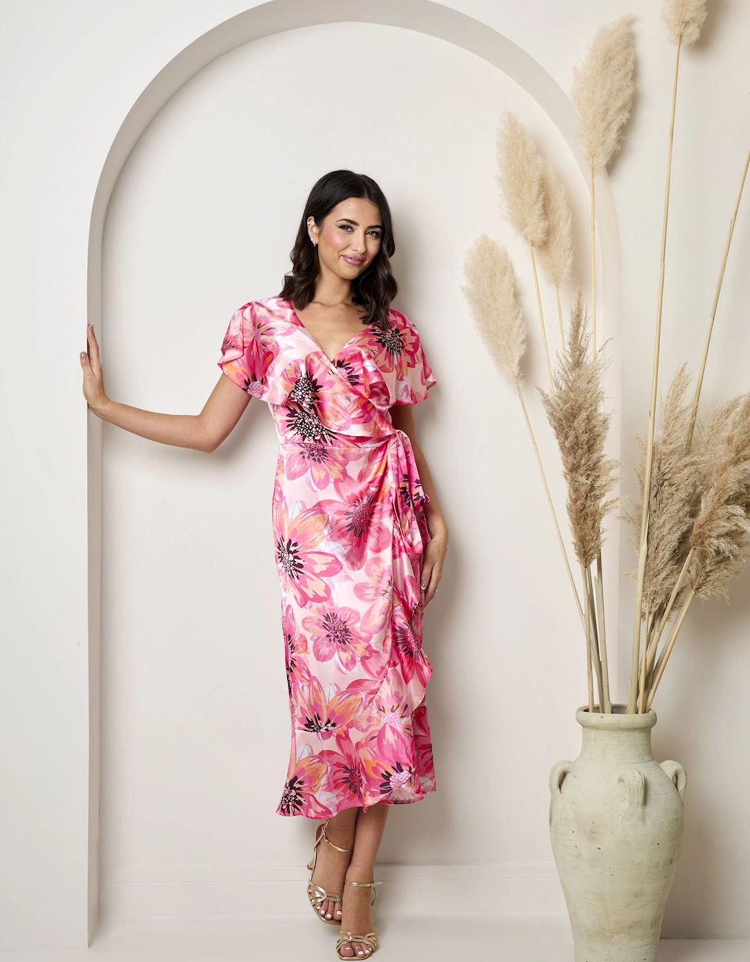 Flutter Sleeve Satin Wrap Dress in Pink, 2 of 1