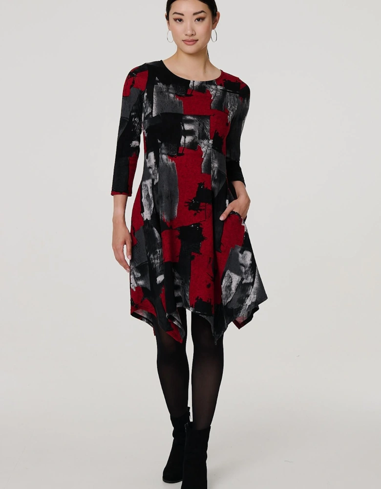 Abstract 3/4 Sleeve Hanky Hem Midi Dress