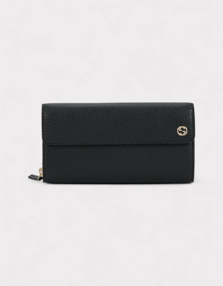 Black Leather Long Wallet Silver Hardware