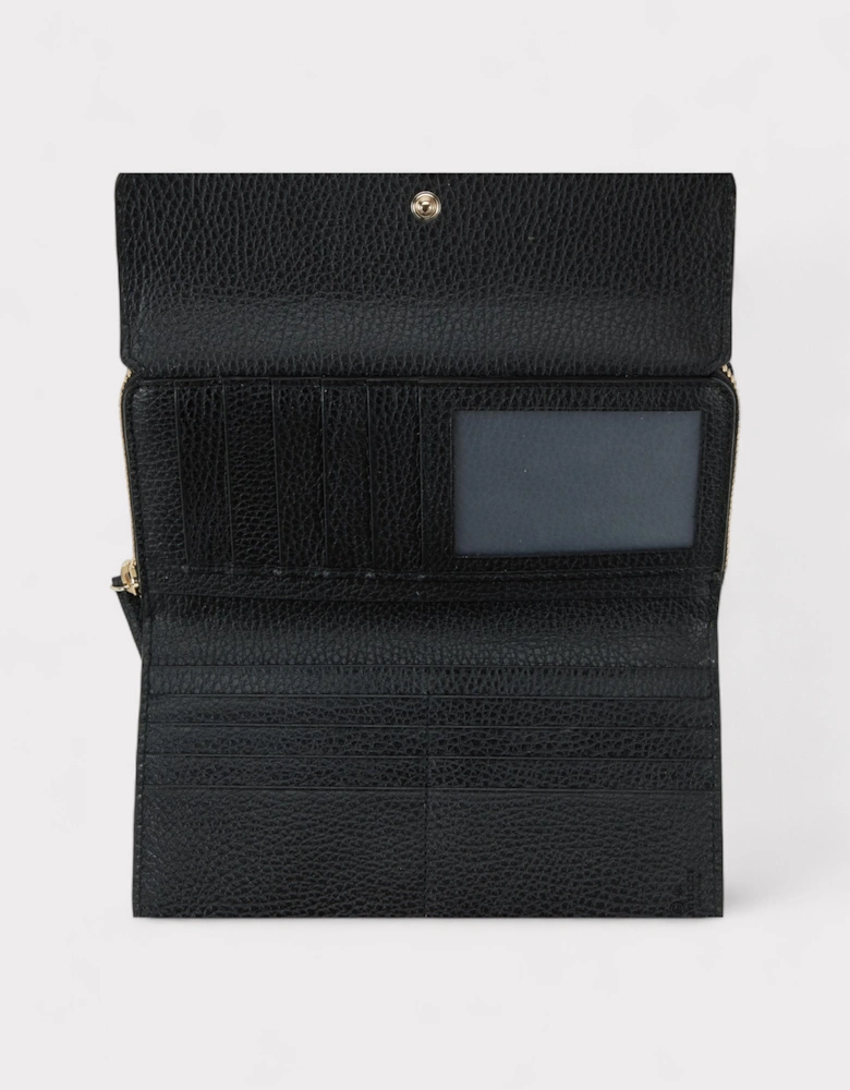 Black Leather Long Wallet Silver Hardware