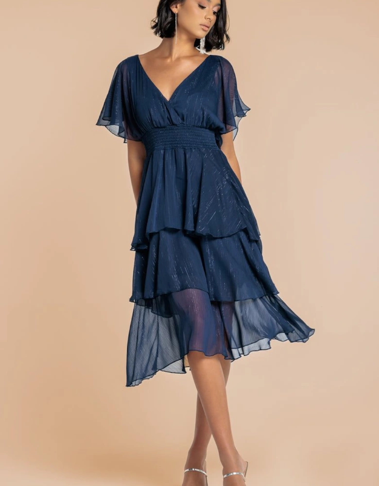 Chiffon Layered Flutter Sleeve Midi Dress