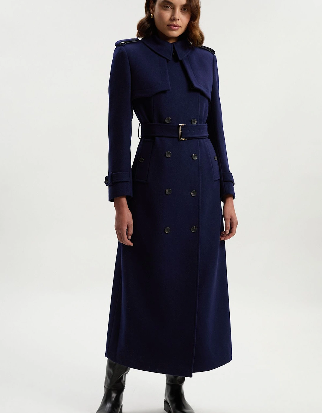 Wool Pu Mix Tailored Belted Trench Maxi Coat, 2 of 1