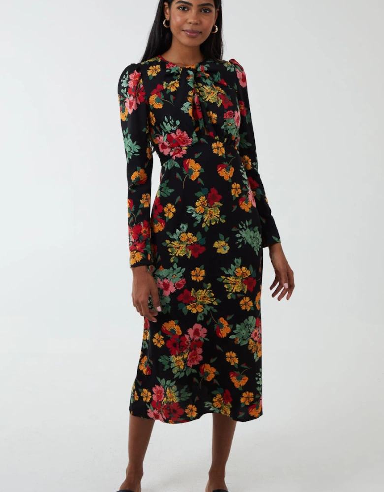 Floral Twist Panel Fit And Flare Midi Dress