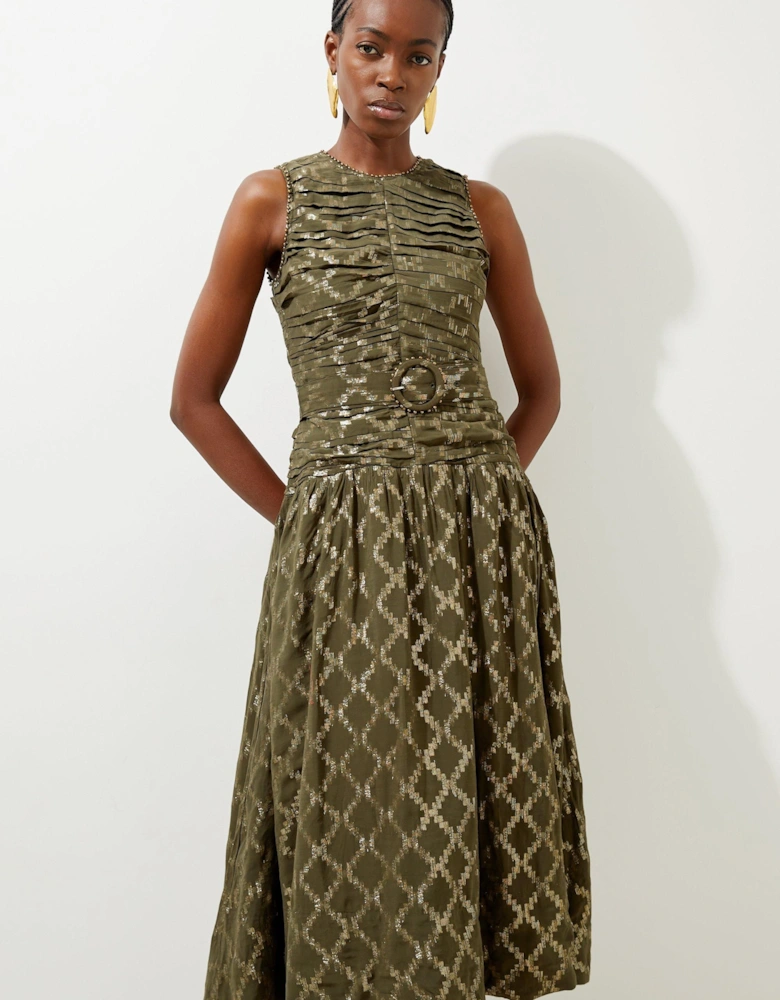 Petite Metallic Viscose Georgette Beaded Woven Midi Dress