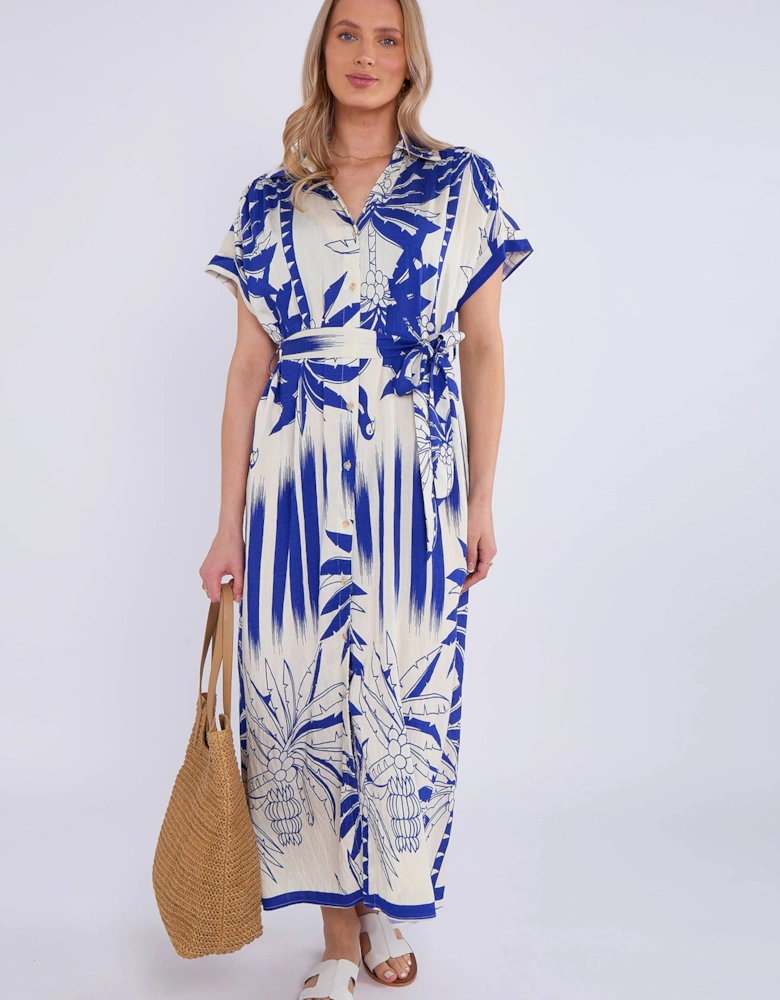 Blue Tropical Print Midi Shirt Dress