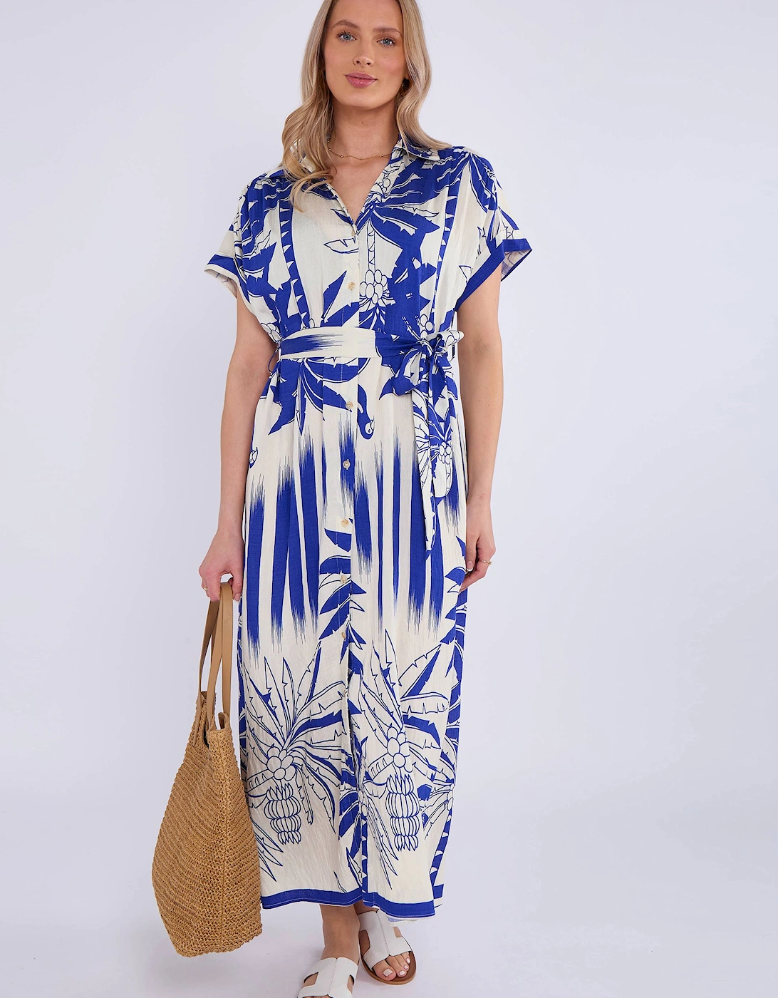 Blue Tropical Print Midi Shirt Dress, 2 of 1