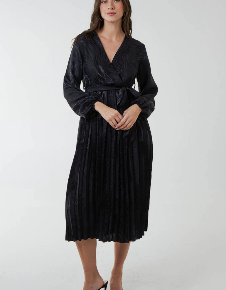 Jacquard Wrap Front Belted Pleated Midi Dress