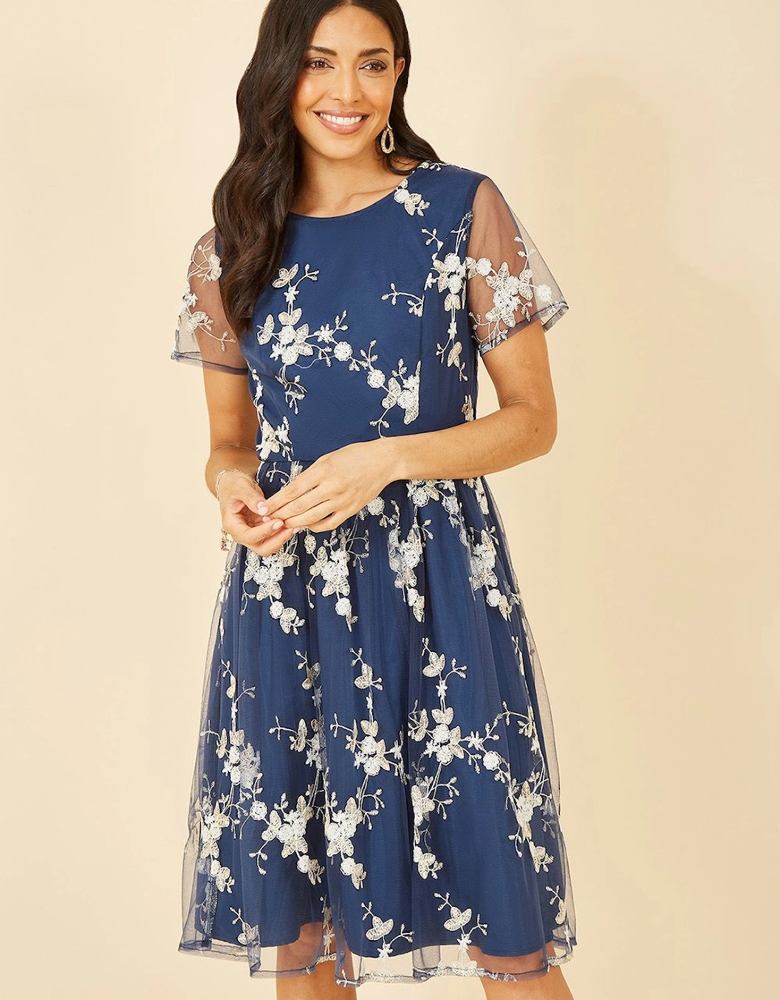 Navy Embroidered Floral Skater Dress, 2 of 1