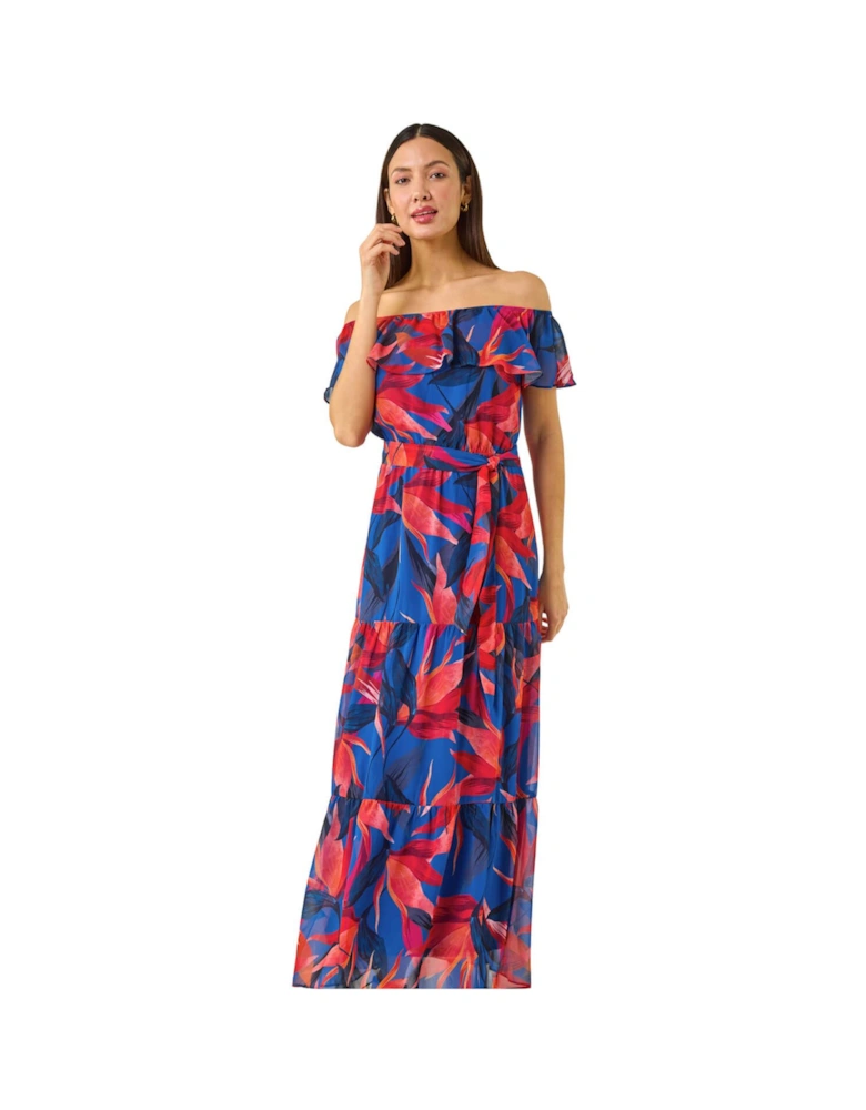 Floral Print Bardot Belted Maxi Dress