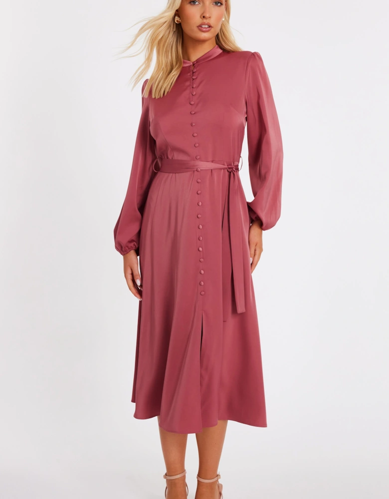 Mauve Satin Button Front Midaxi Dress