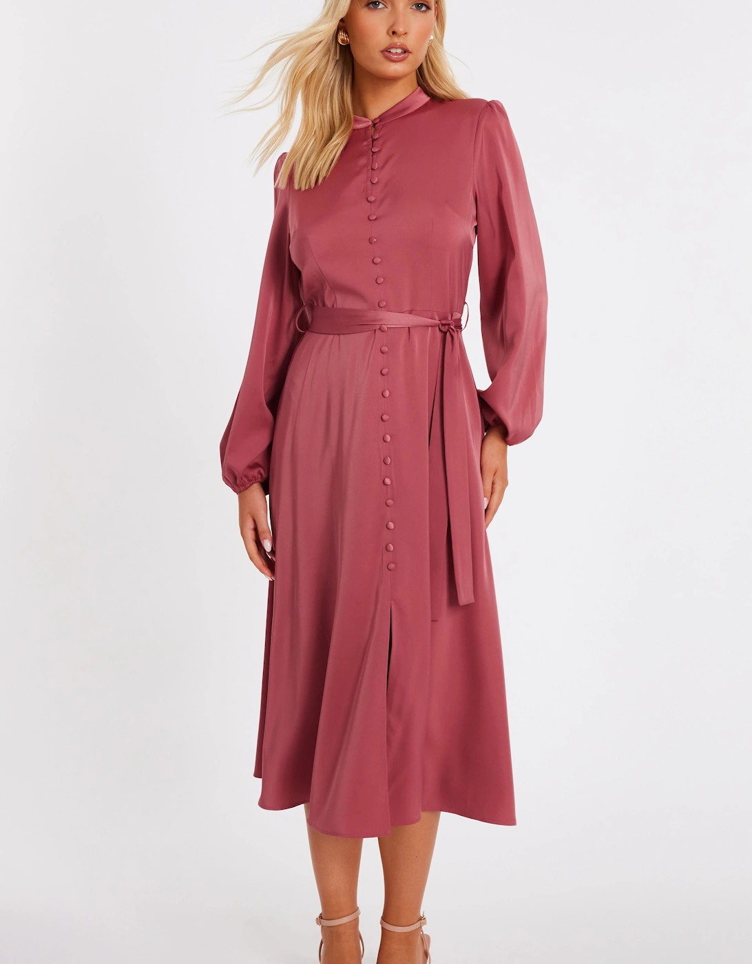 Mauve Satin Button Front Midaxi Dress, 2 of 1