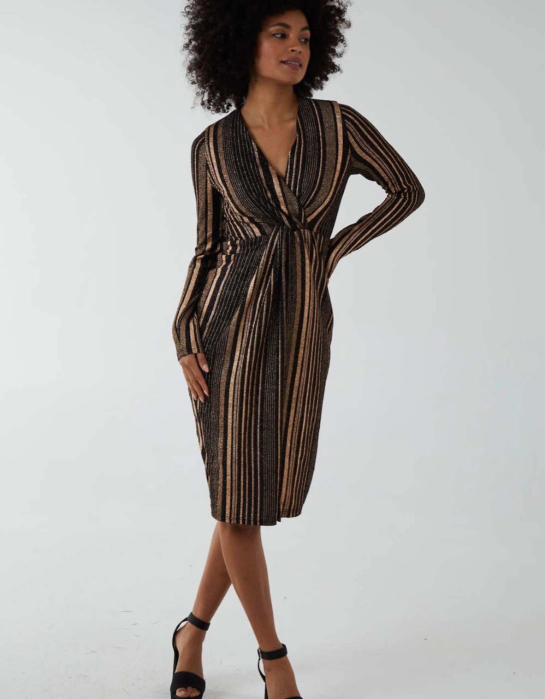Foil Stripes Twist Front Midi Dress, 2 of 1