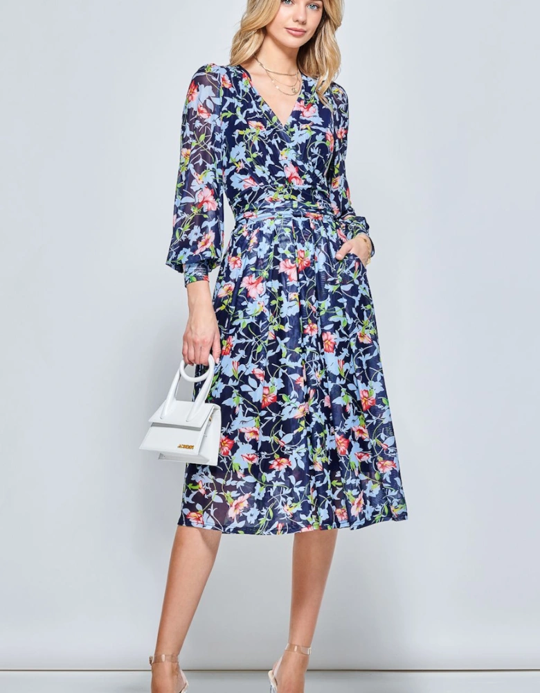 Floral Long Sleeve Mesh Midi Dress