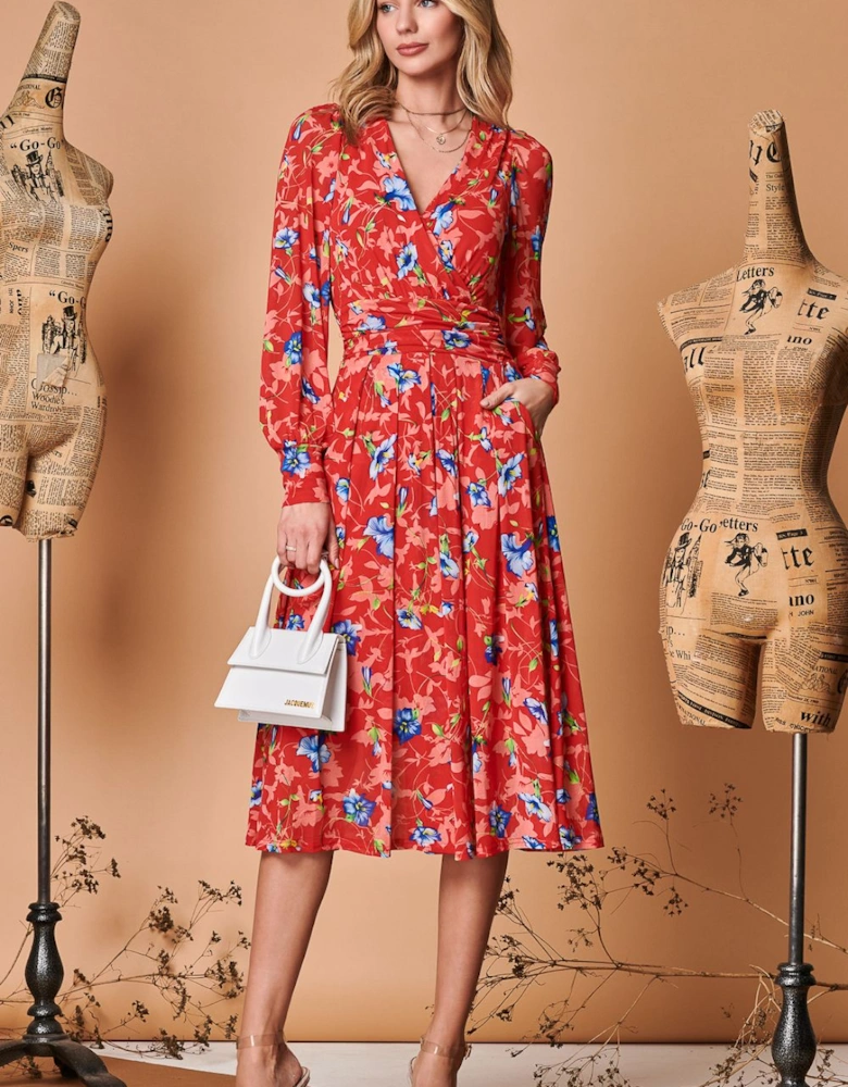 Floral Long Sleeve Mesh Midi Dress