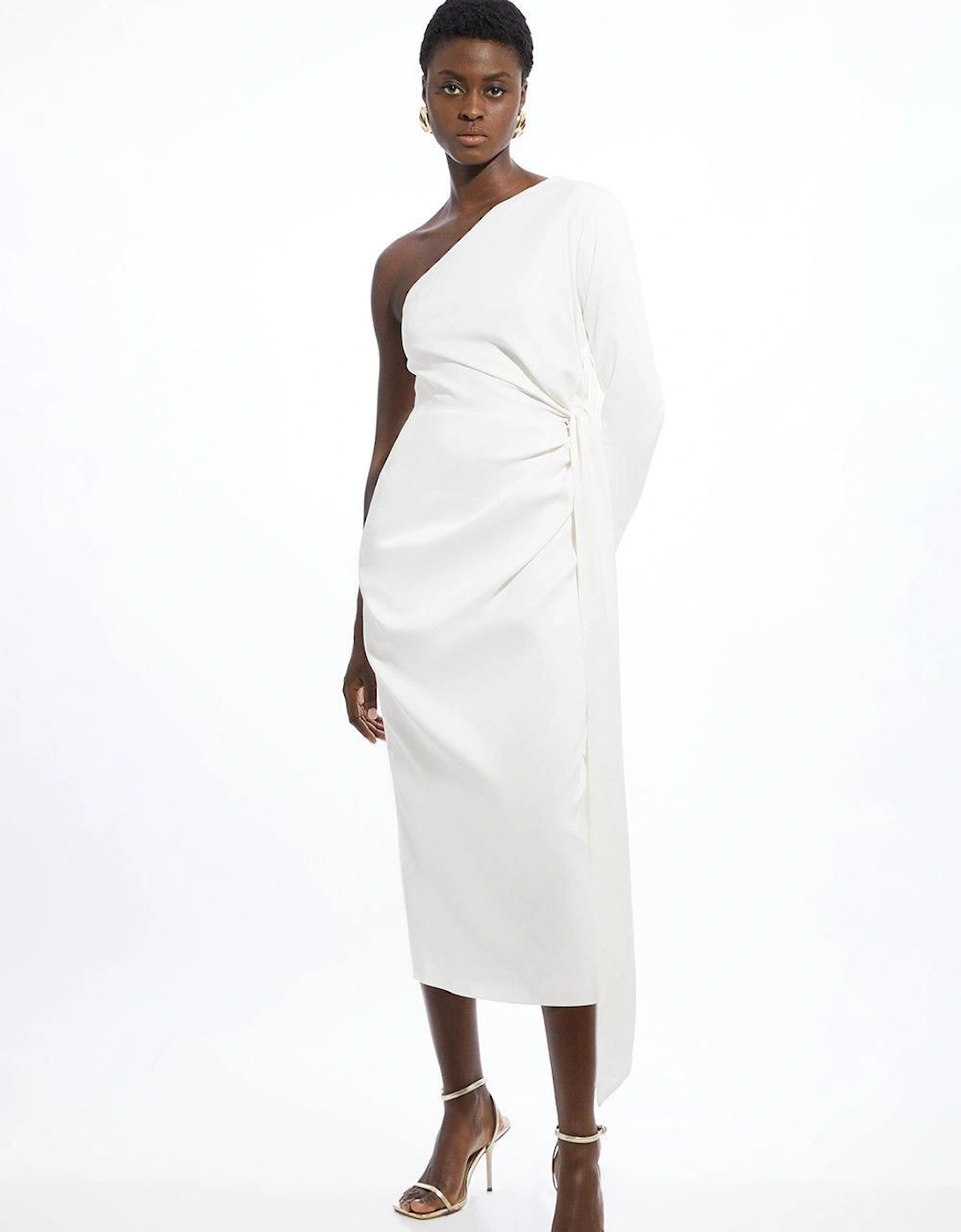 Petite Satin Back Crepe One Shoulder Drape Midi Dress, 2 of 1