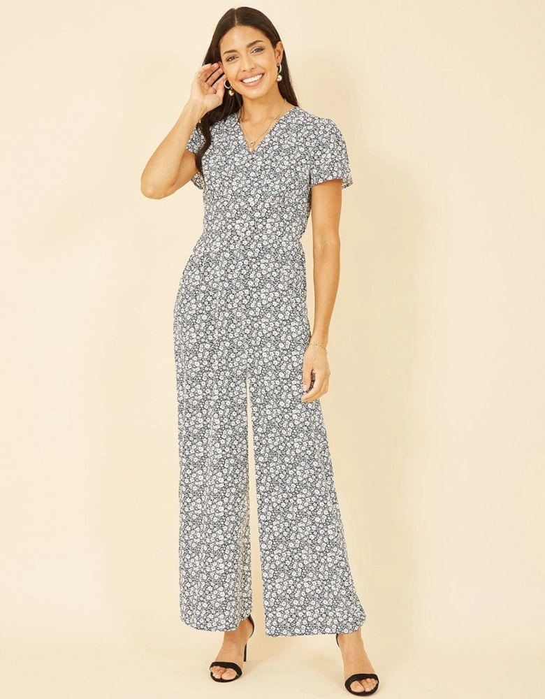 Black Ditsy Floral Wrap Jumpsuit