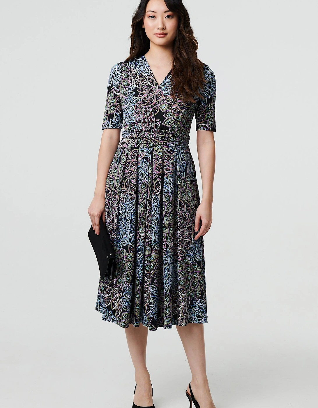 Leaf Print 1/2 Sleeve Faux Wrap Midi Dress, 2 of 1