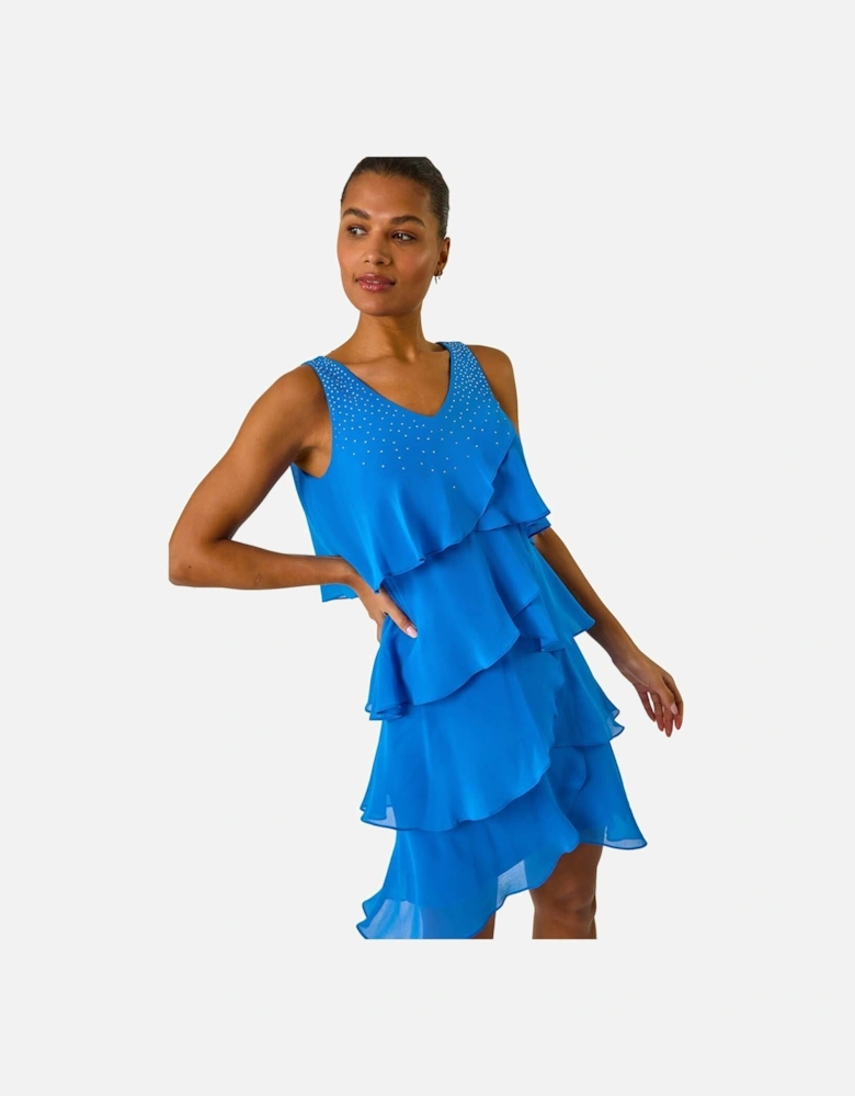 Embellished Hotfix Tiered Chiffon Dress
