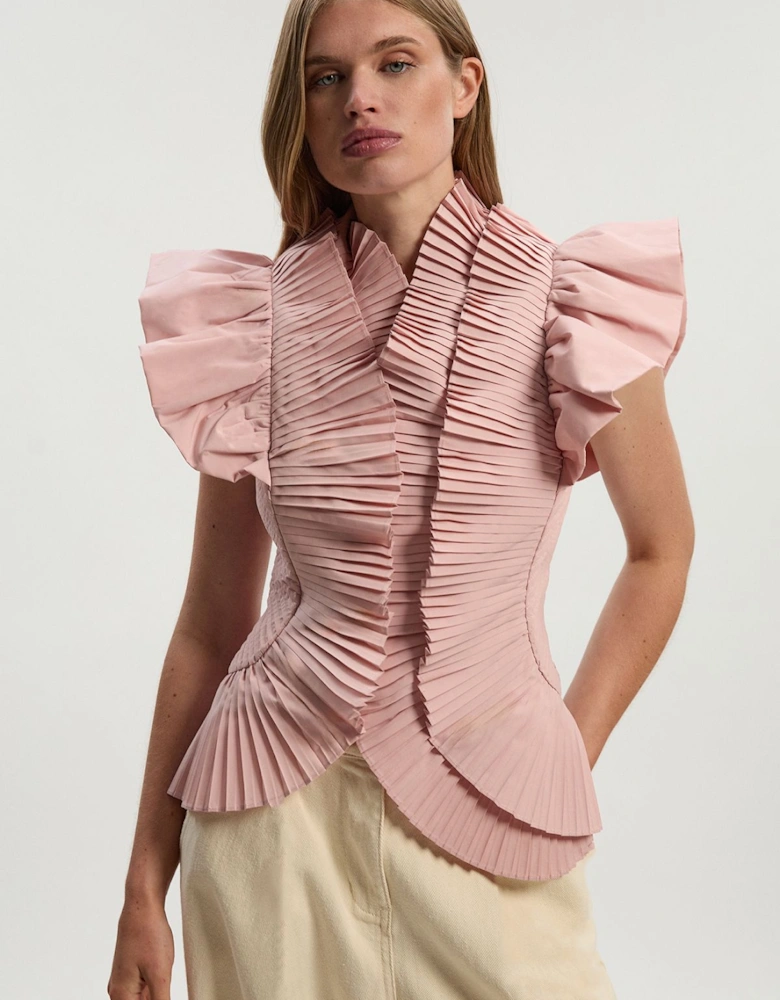Petite Pleated Ruffle Sleeve Woven Top
