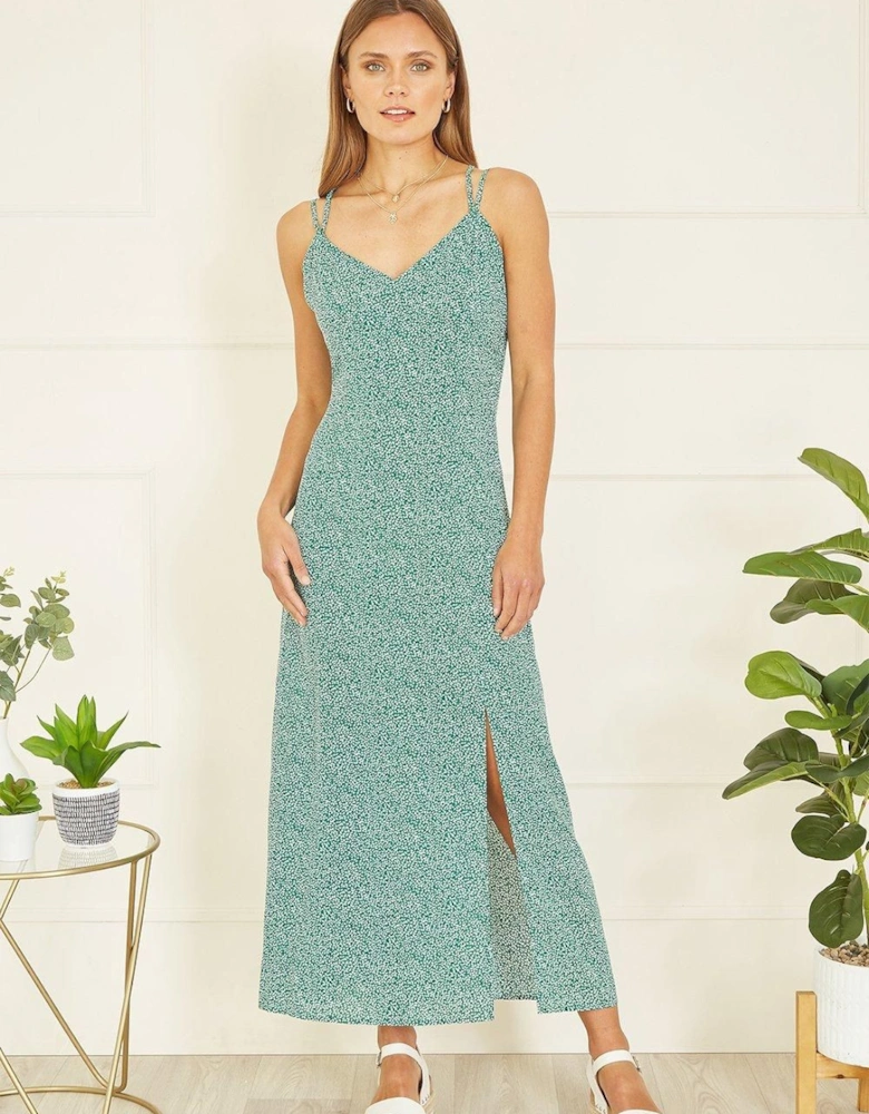 Green Ditsy Print Midi Dress With Side Split