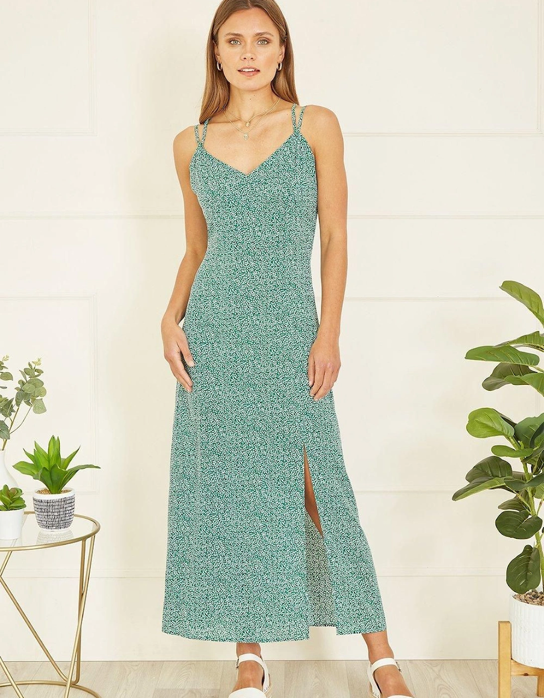 Green Ditsy Print Midi Dress With Side Split, 2 of 1
