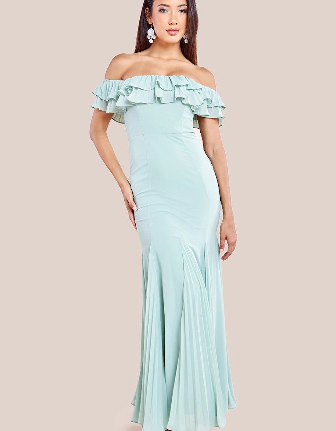 Frilled Off The Shoulder Pleated Chiffon Maxi Dress, 2 of 1